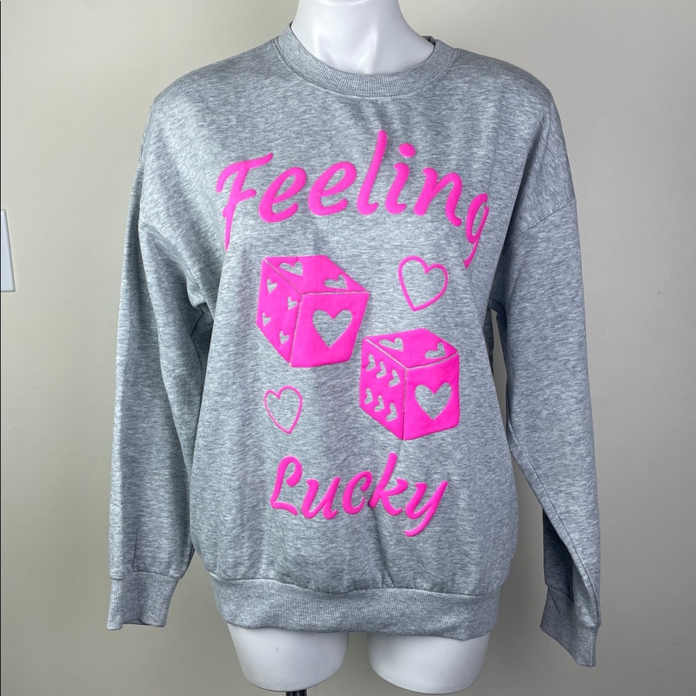 Feeing Lucky Puffy Paint Dice Hearts Sweatshirt Gray Pink